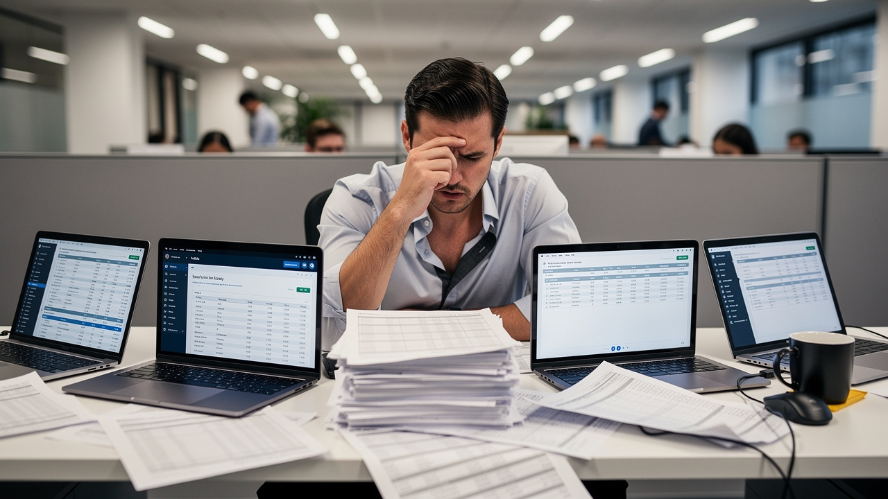 Gestor frustrado em mesa de trabalho cercado de planilhas impressas e múltiplos computadores abertos