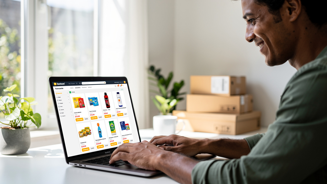 Empreendedor brasileiro gerenciando listagens de produtos em laptop em escritório moderno