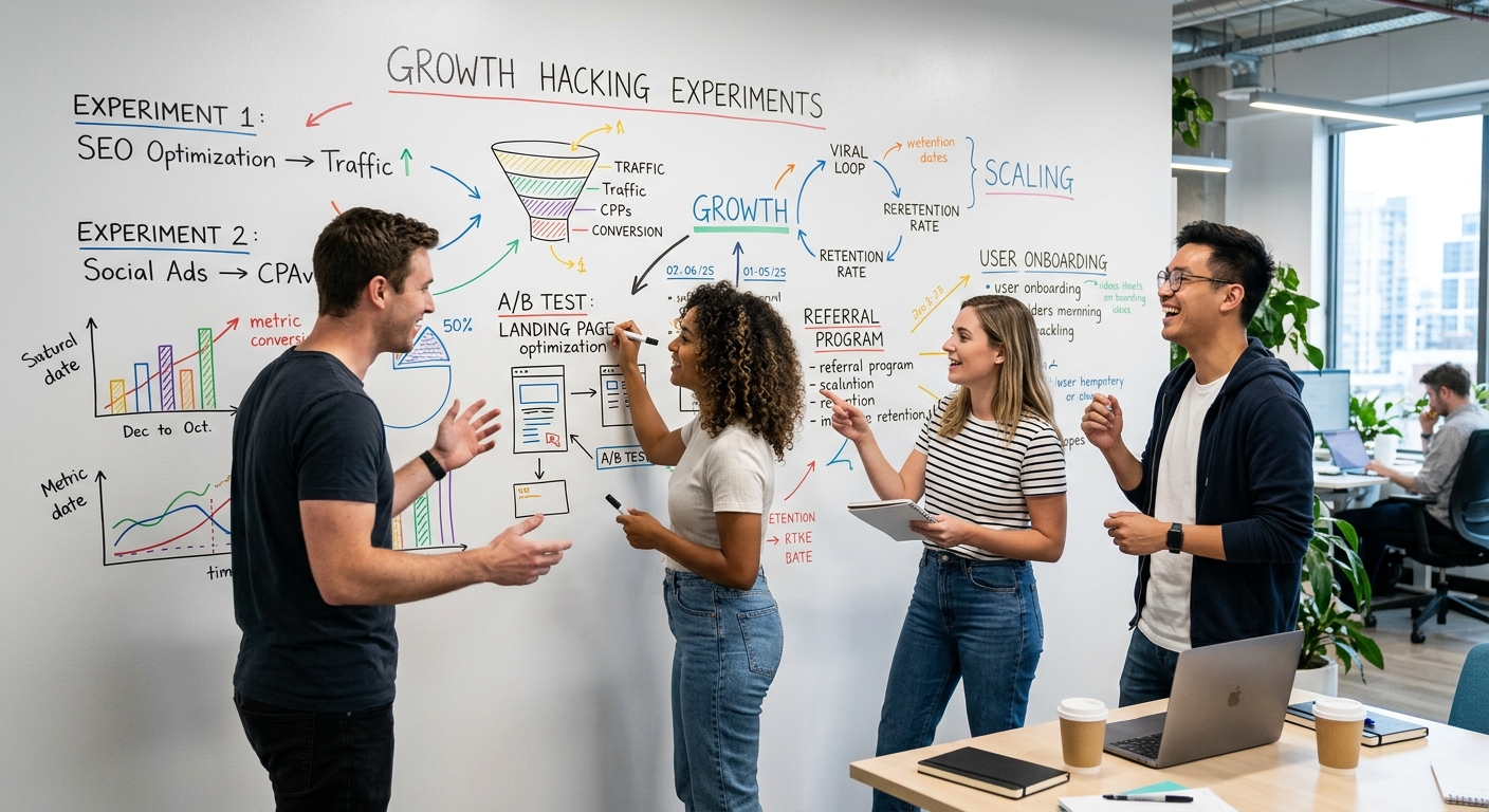 Equipe de jovens empreendedores discutindo em um quadro branco com gráficos e setas simbolizando experimentos de growth hacking