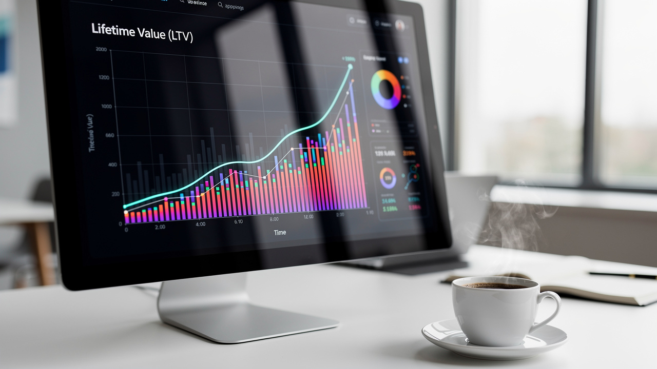 Gráfico em tela de computador mostrando o aumento do LTV de clientes ao longo do tempo