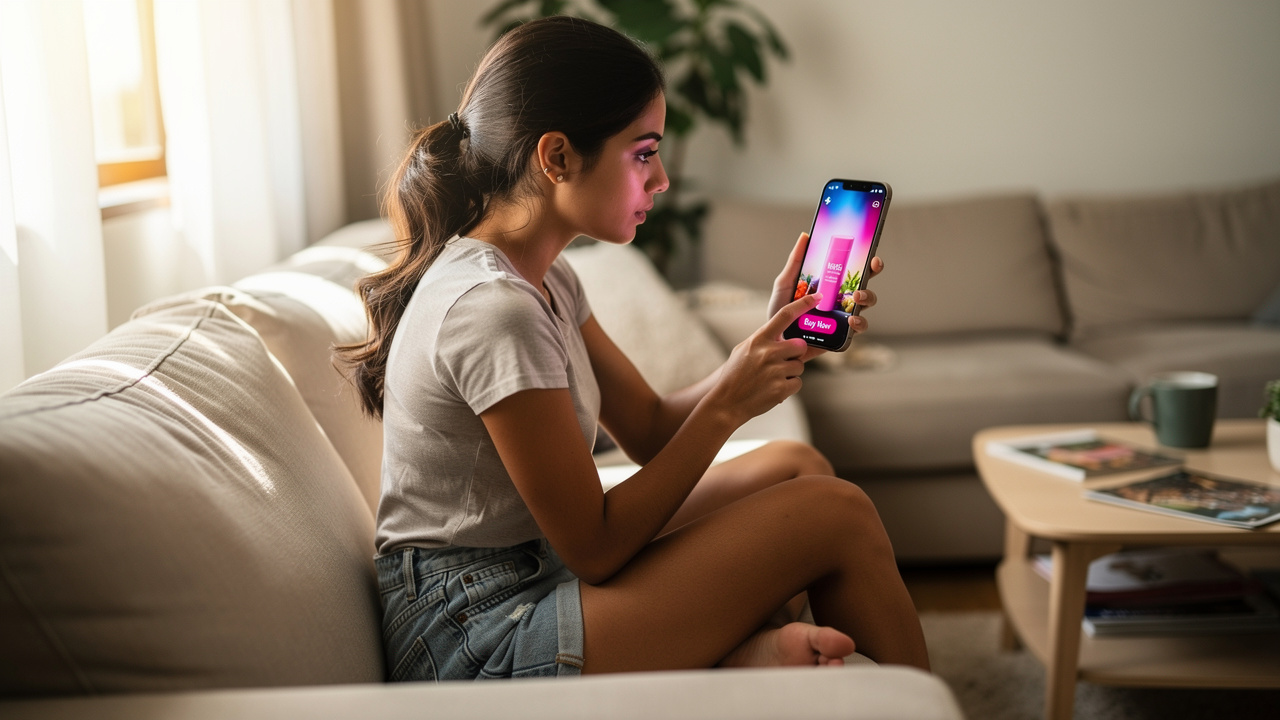 Jovem assistindo vídeo no TikTok e clicando em botão de compra pelo celular em casa