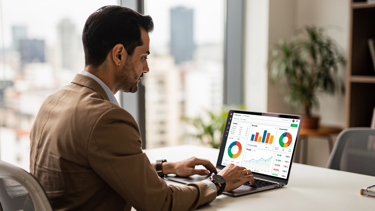 Empreendedor brasileiro analisando painel de vendas em laptop em escritório moderno iluminado