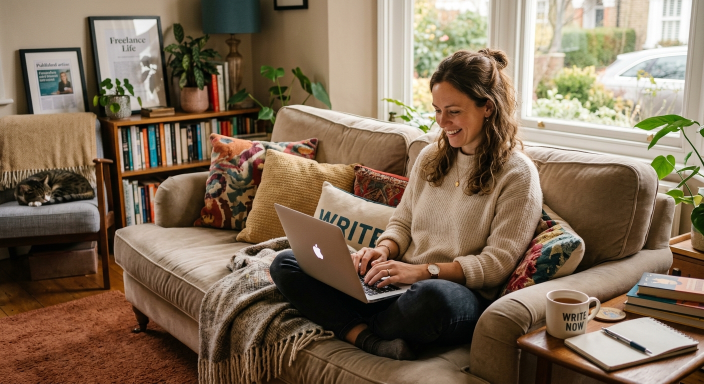 Escritor freelance bem-sucedido trabalhando confortavelmente no sofá com laptop no colo