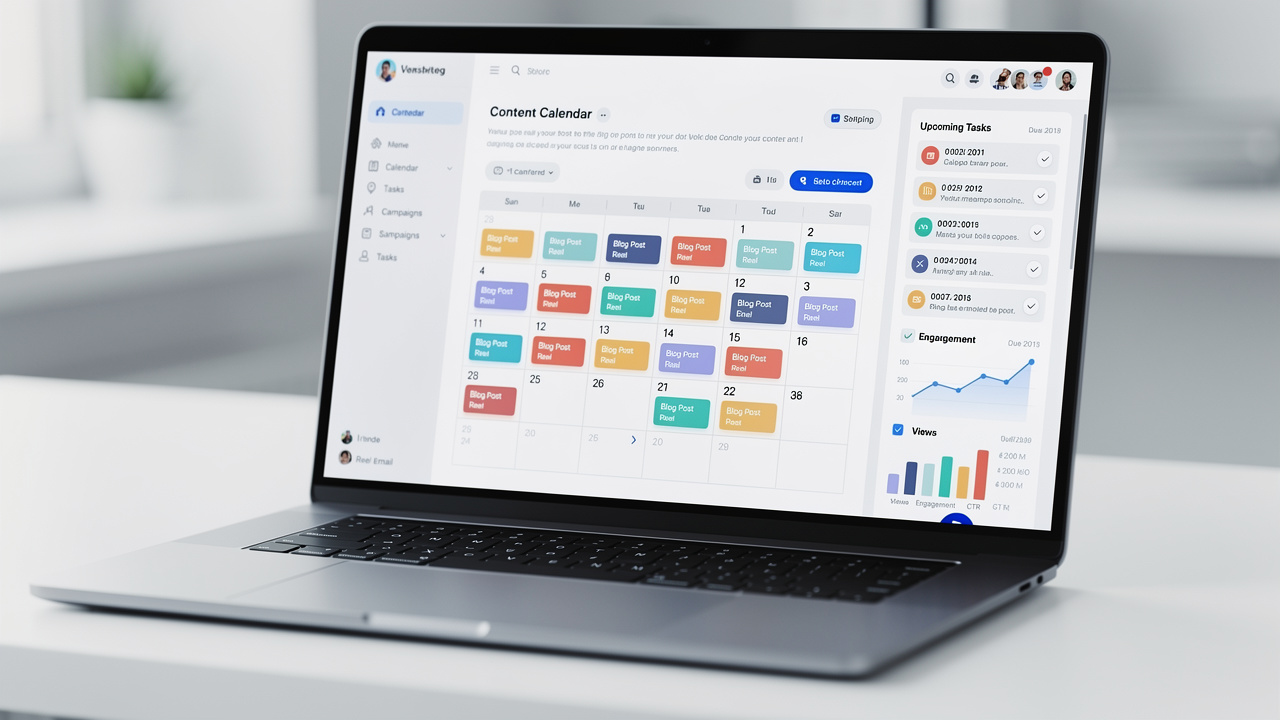 Painel digital em um notebook exibindo um calendário de conteúdo com posts agendados e análises de marketing