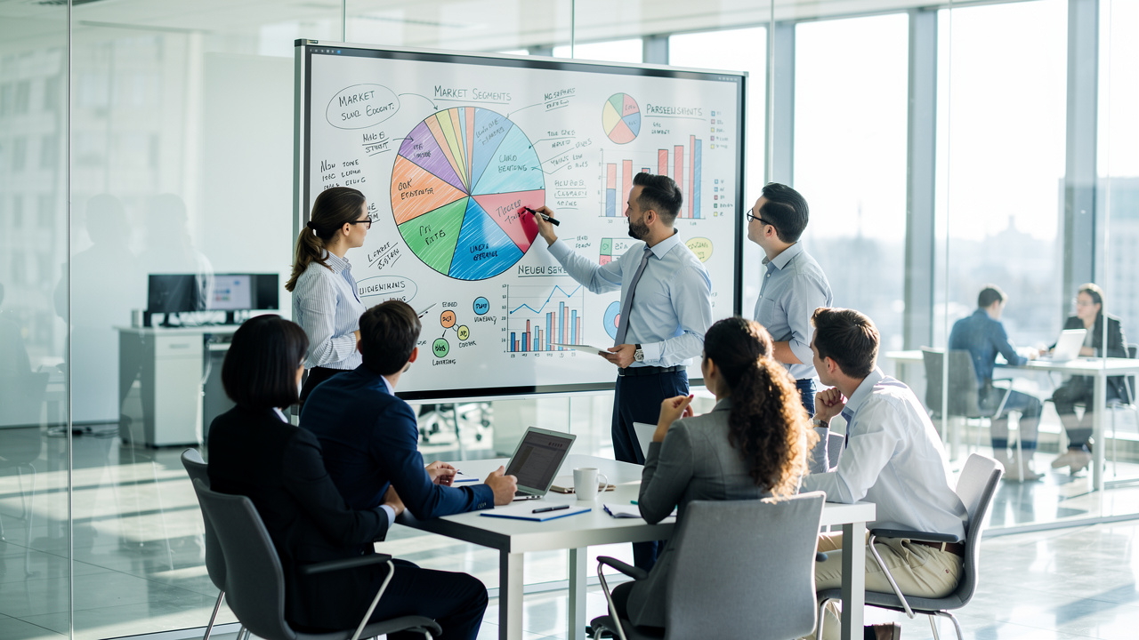 Equipe de marketing analisando gráfico de market share em quadro branco em escritório colaborativo