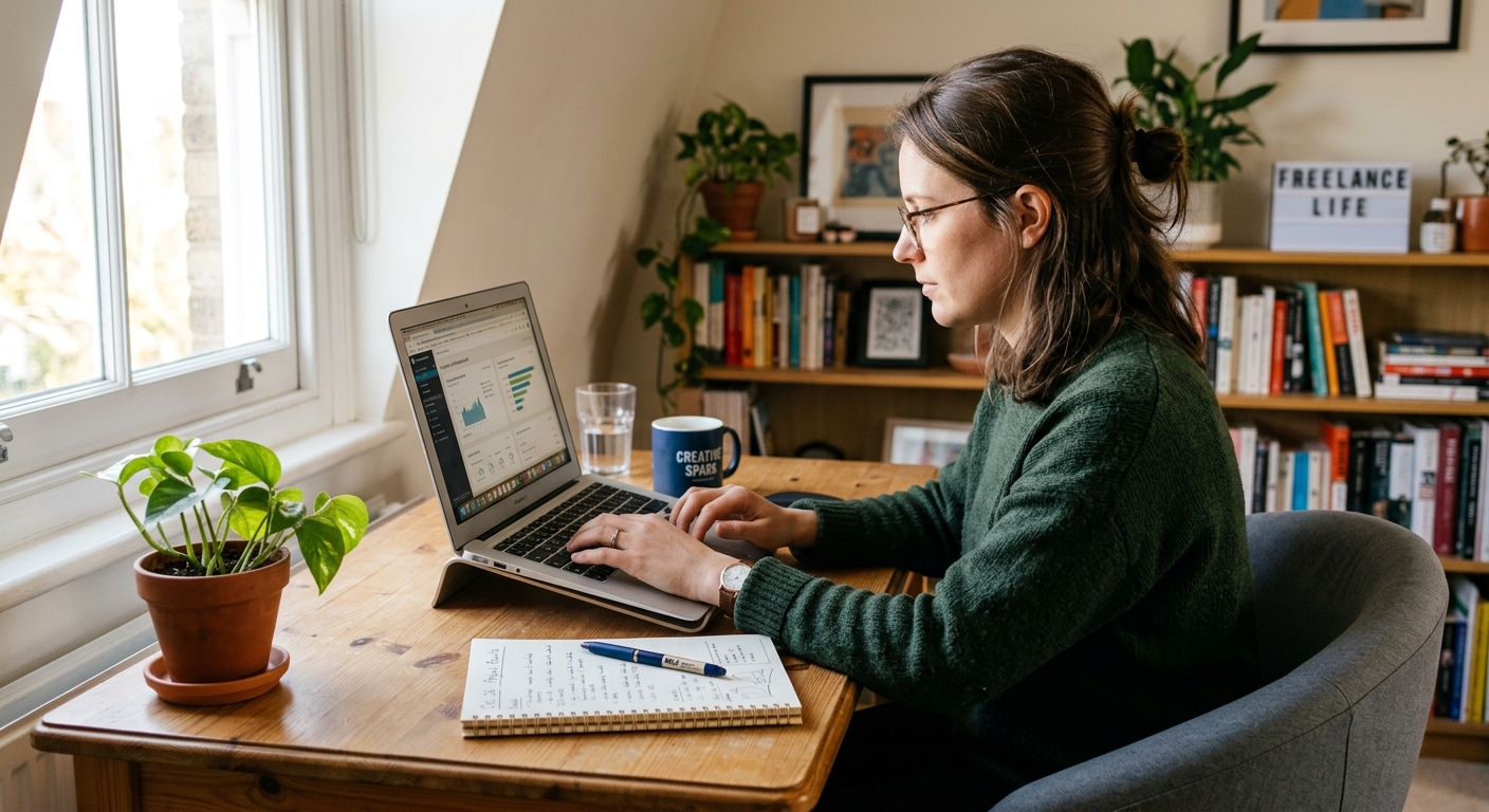 Freelancer concentrado em resultados, trabalhando em um escritório minimalista com laptop e caderno