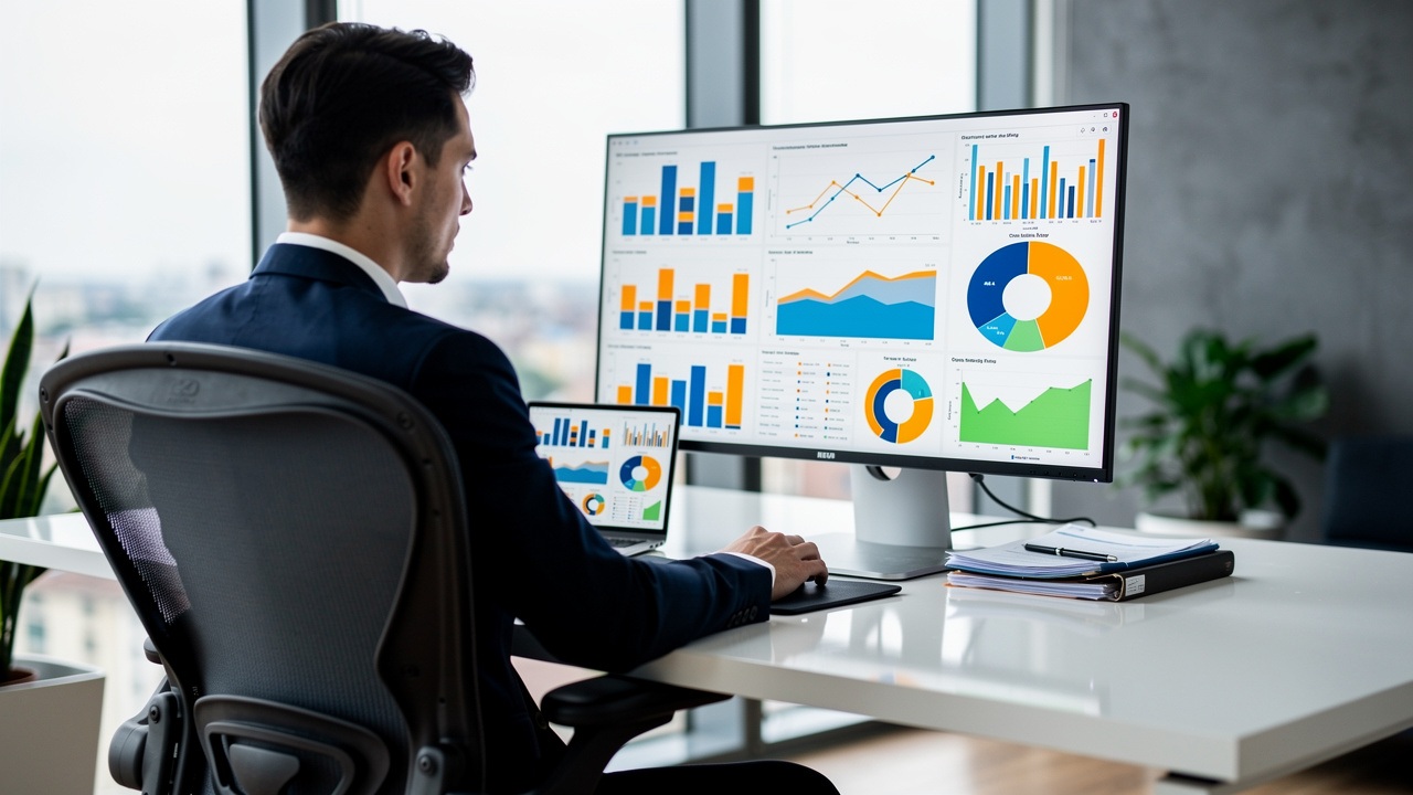 Gestor analisando gráficos coloridos em monitor grande em escritório moderno