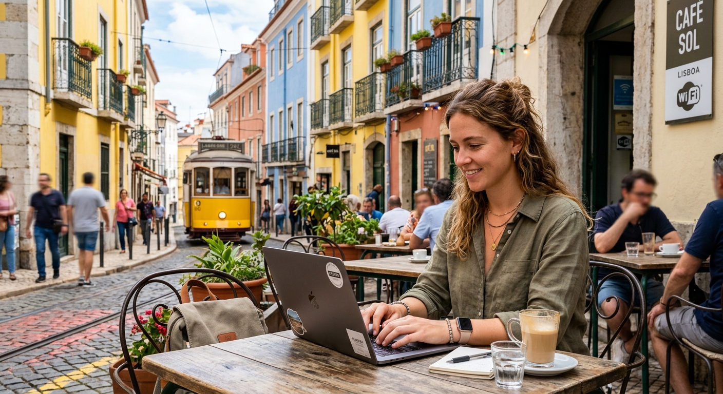 Nômade digital trabalhando em um café, cidade vibrante ao fundo, luz natural.