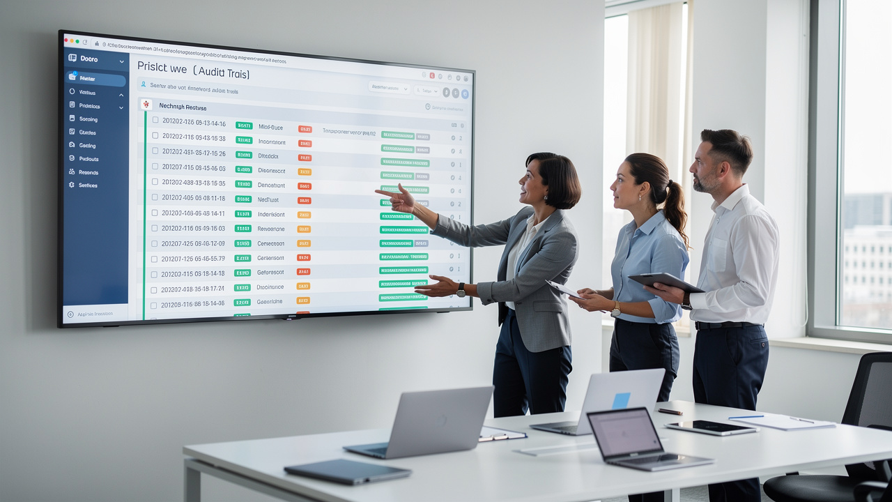 Equipe colaborando em painel digital com trilhas de auditoria e registros de dados visíveis