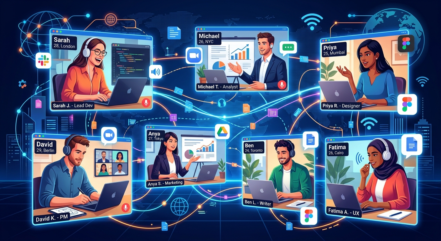 Rede digital de jovens profissionais colaborando online através de chamadas de vídeo em seus laptops.