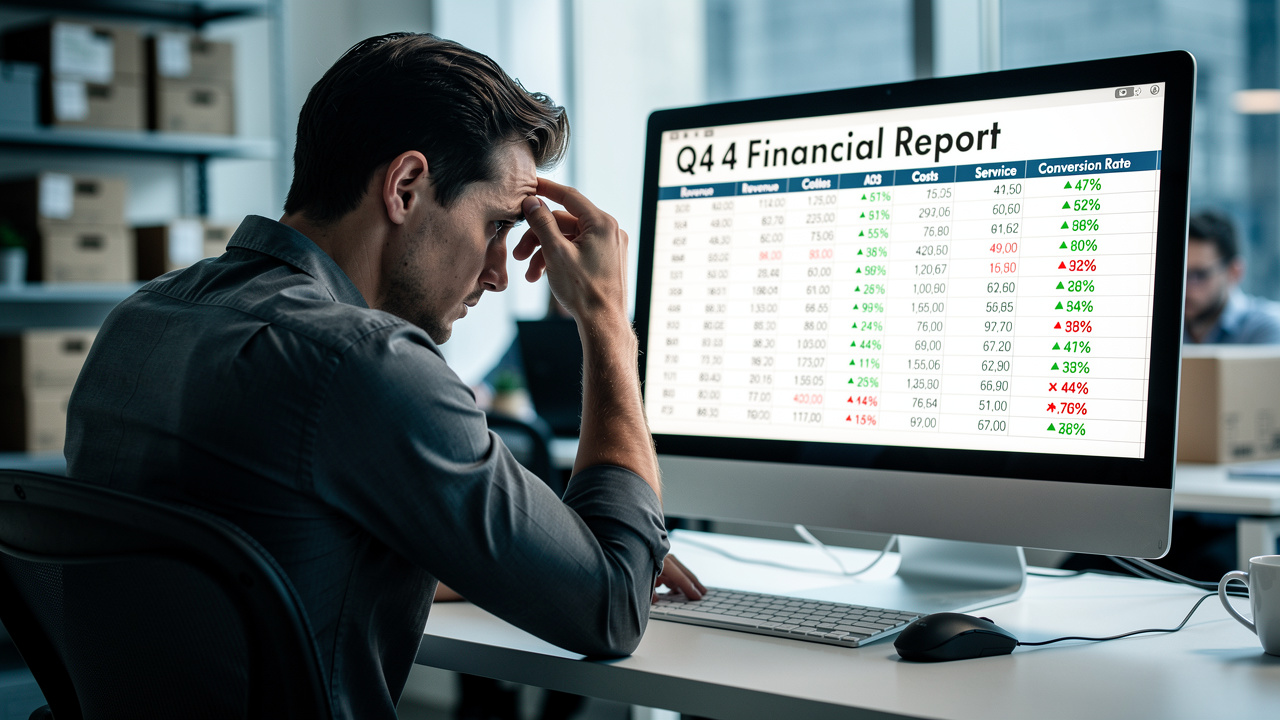 Gestor de e-commerce analisando uma planilha complexa de dados financeiros com expressão preocupada.