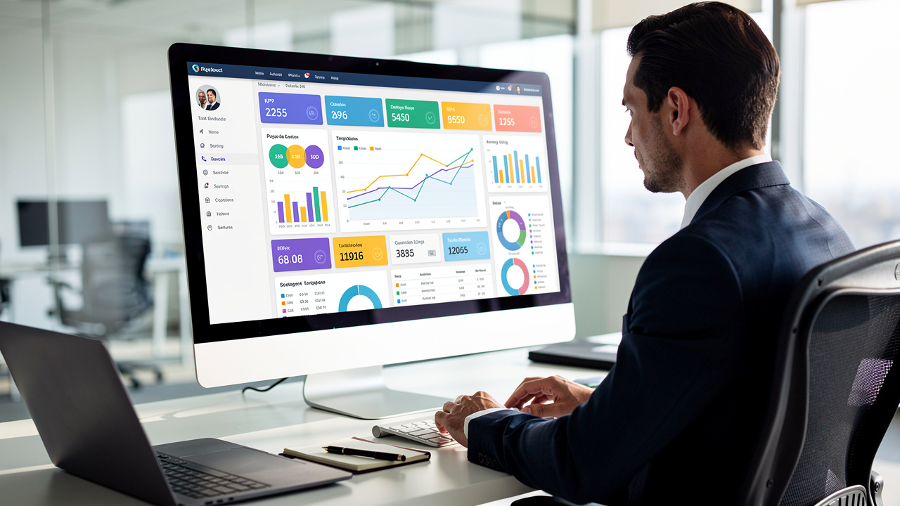 Gestor analisando painel centralizado de dados em computador em escritório moderno