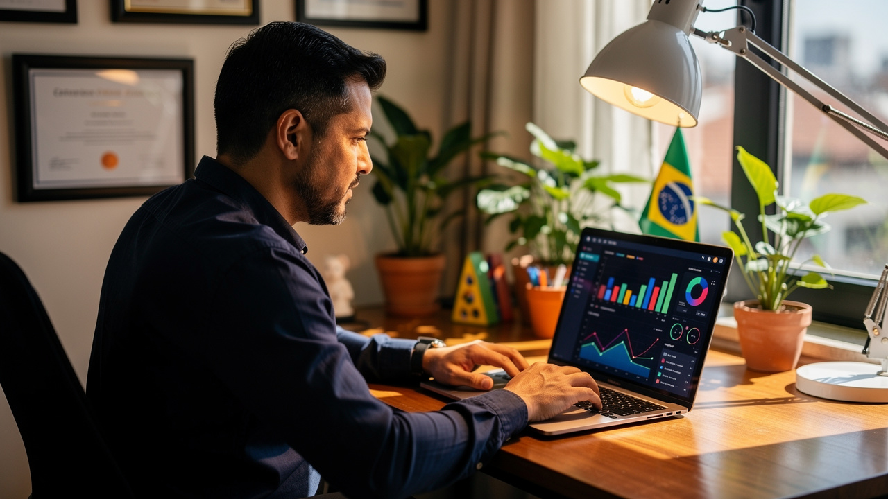 Proprietário de pequena empresa revisando análises de IA em laptop em escritório aconchegante