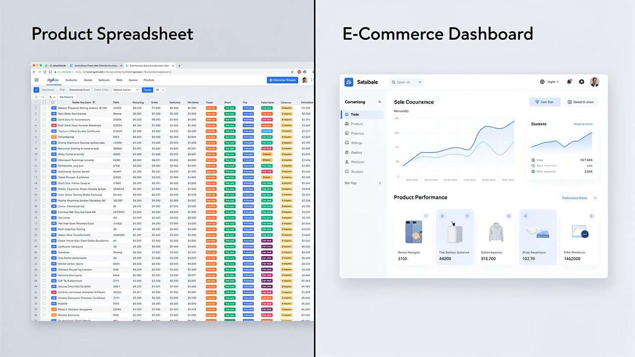 Comparação entre planilha manual desorganizada e painel automatizado moderno de e-commerce