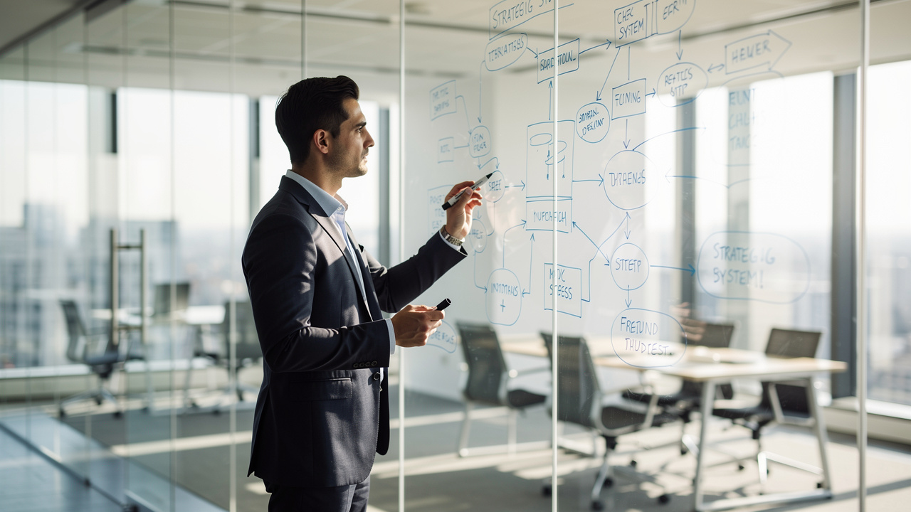 Executivo analisando diagramas de sistema estratégico em quadro branco em escritório moderno