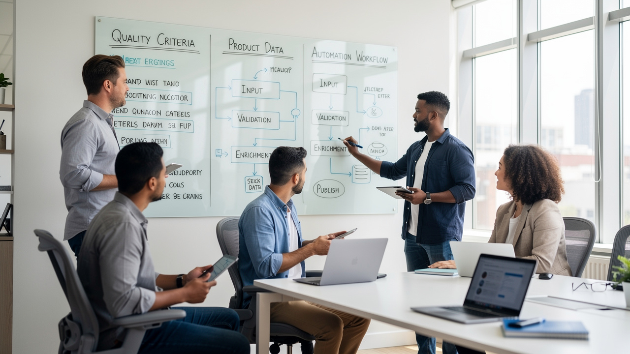 Equipe de conteúdo definindo critérios de qualidade em quadro branco para automação de e-commerce