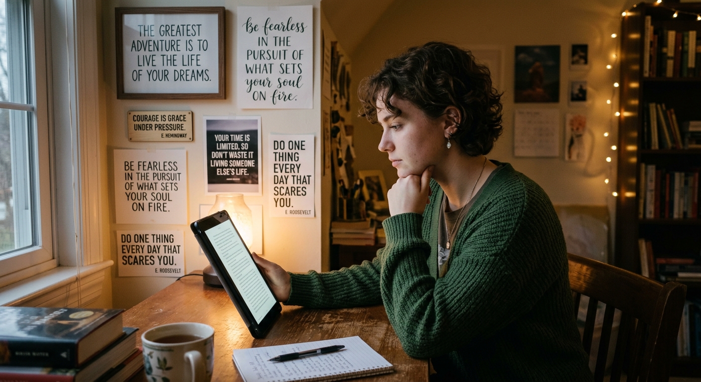 Jovem pensativo olhando uma tela digital, com frases sobre coragem e independência ao redor.
