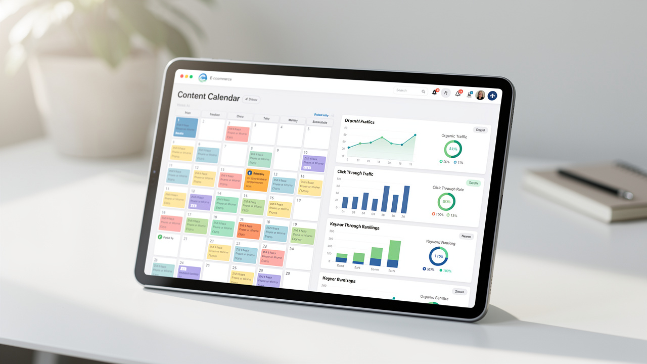 Painel digital organizado em um tablet exibindo um calendário de conteúdo e métricas de SEO para um blog.