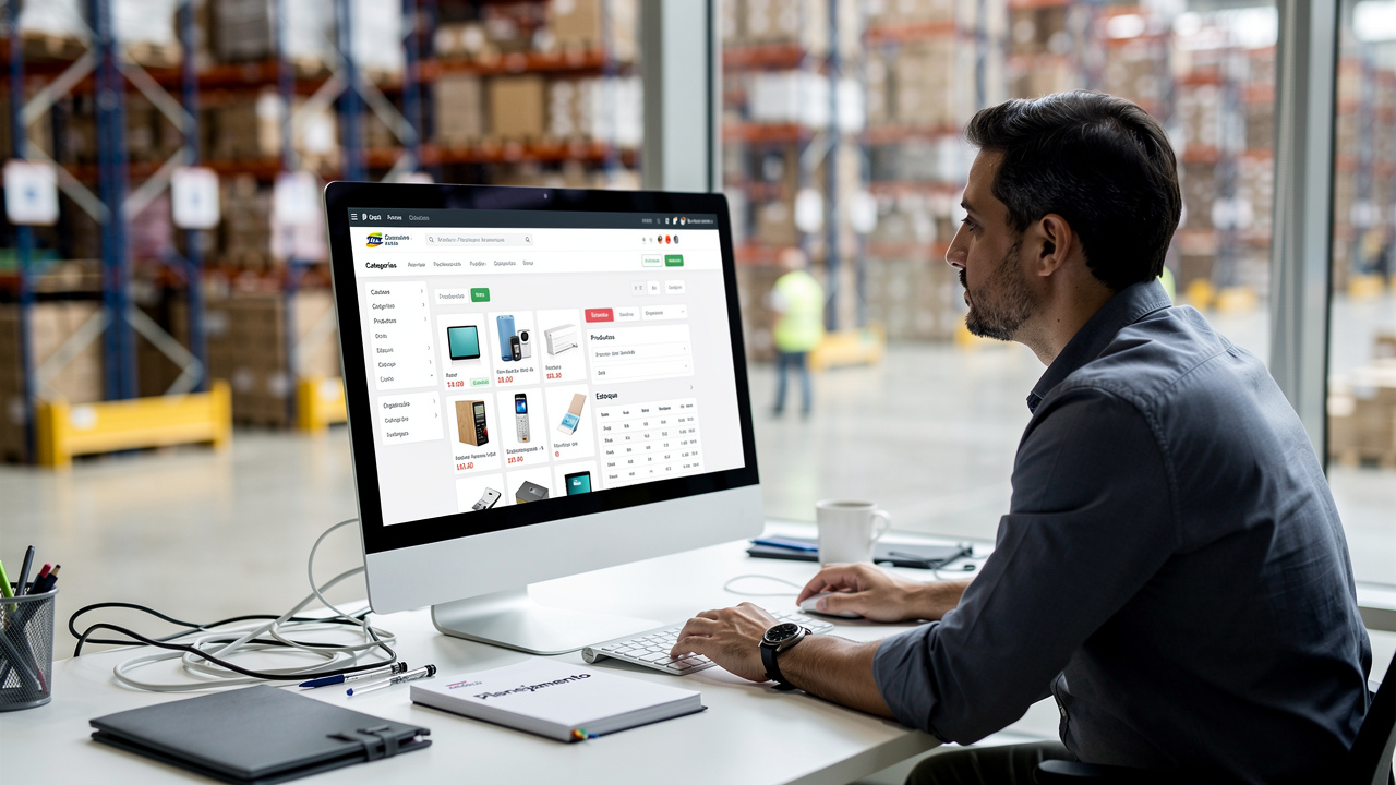 Gerente de e-commerce analisando catálogo de produtos organizado no computador em armazém moderno