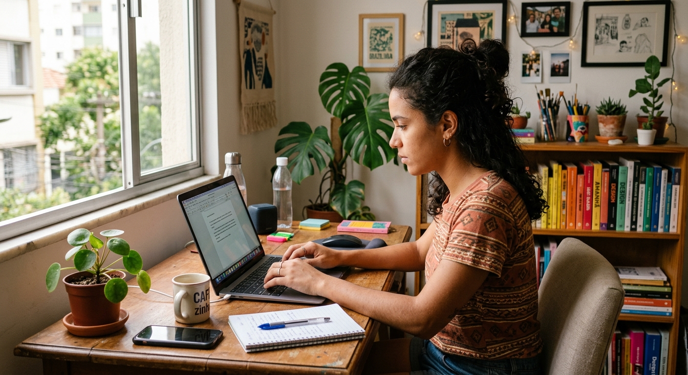 Jovem empreendedor brasileiro digitando em um notebook em uma mesa de escritório criativa e bem iluminada