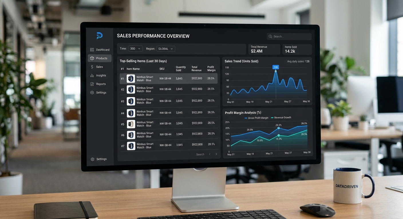 Interface de análise de produtos mostrando os itens mais vendidos com gráficos de tendência e lucratividade.