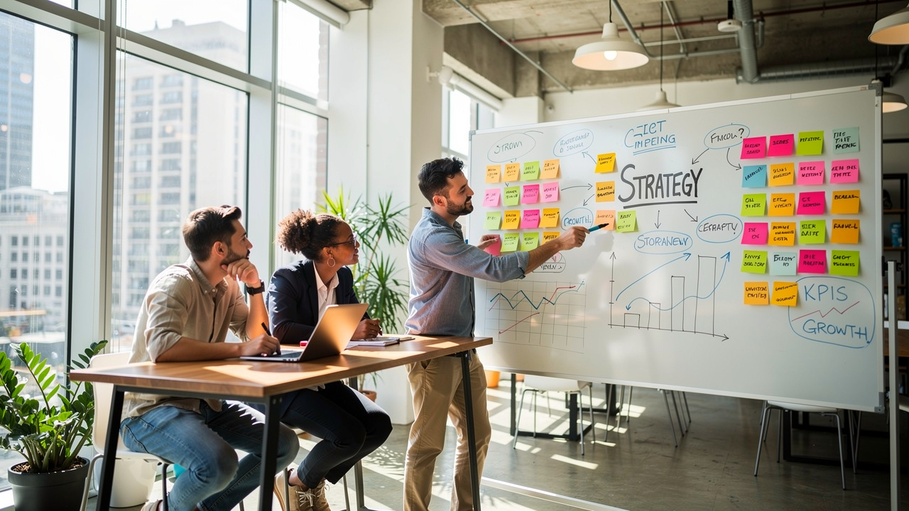 Equipe de empreendedores discutindo estratégia em quadro branco com post-its em coworking