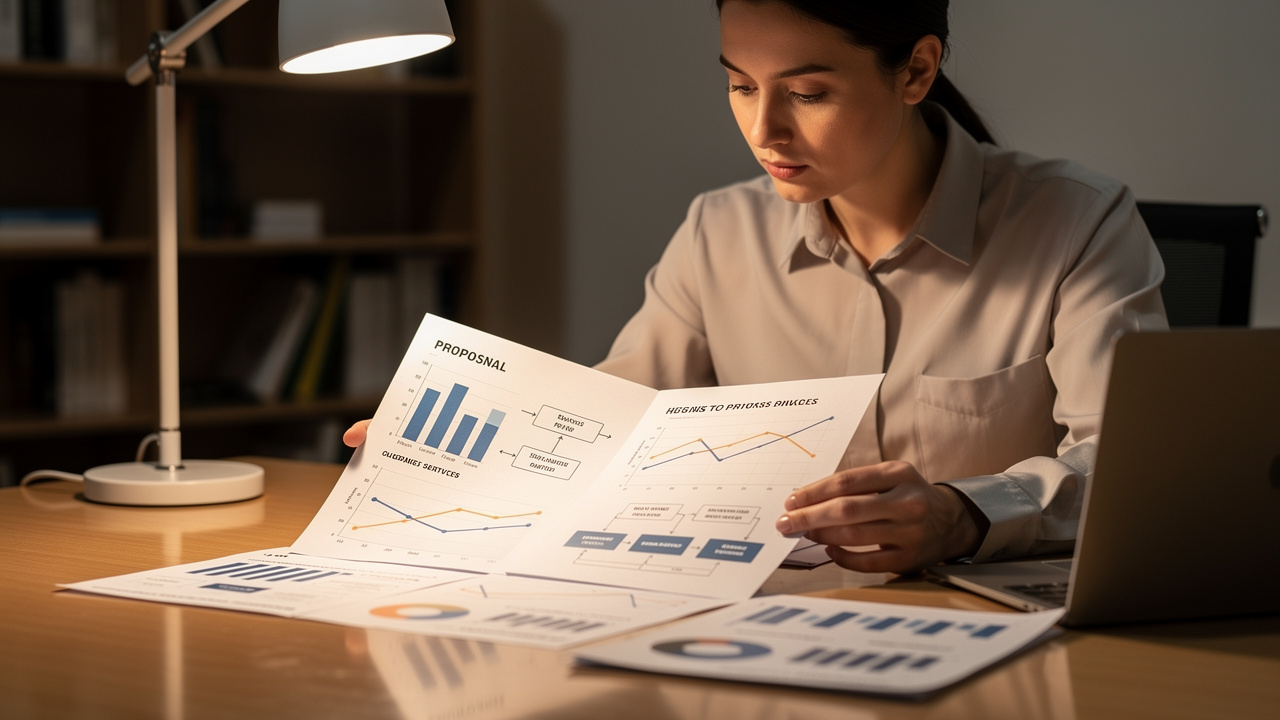 Profissional revisando proposta estruturada com diagramas de processo e gráficos em mesa de escritório