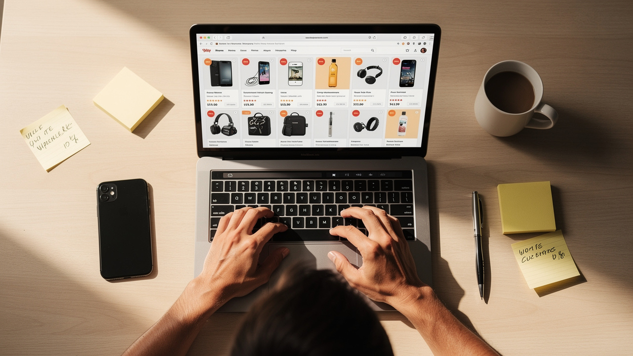 Comprador frustrado rolando listagens de produtos idênticos em um notebook