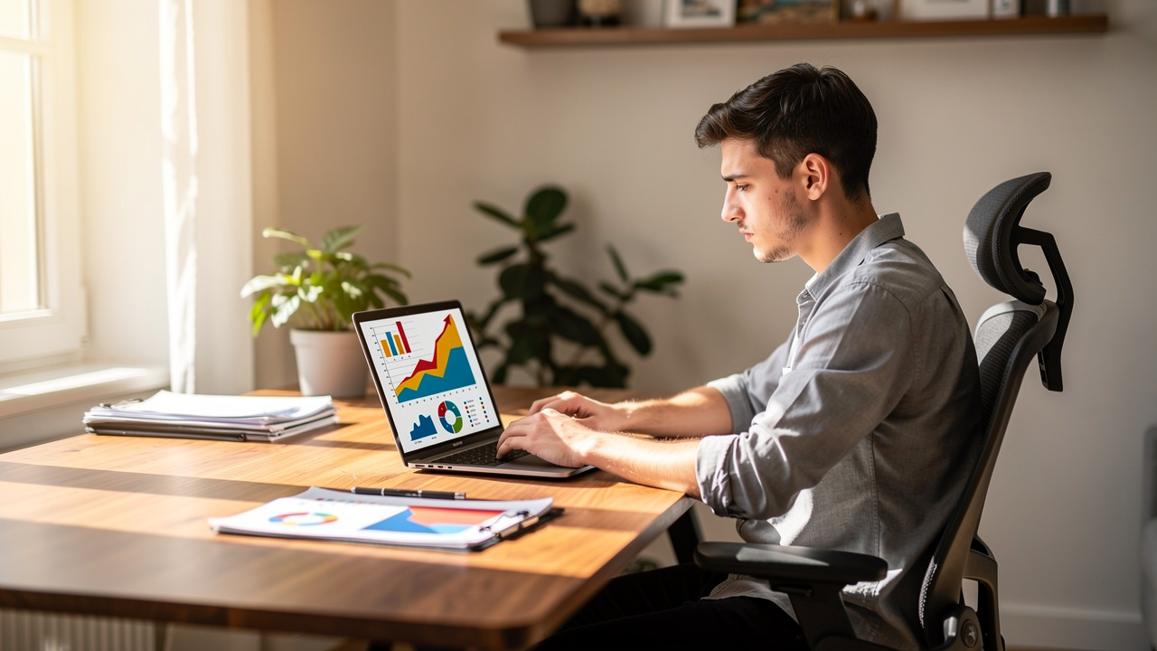 Jovem empreendedor analisando gráficos de crescimento em notebook no escritório