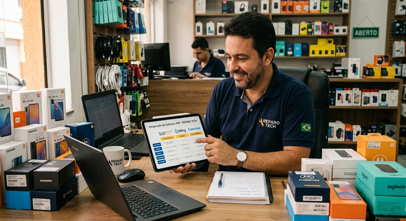 Lojista brasileiro analisando integrações de ERP em tablet rodeado de caixas de produtos