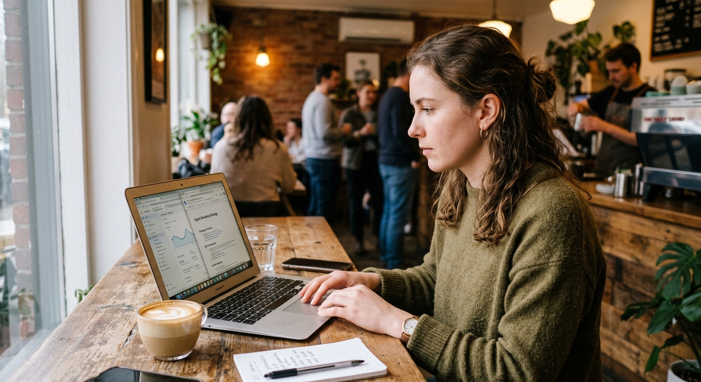 Jovem freelancer trabalhando no laptop em uma cafeteria, focado em marketing digital