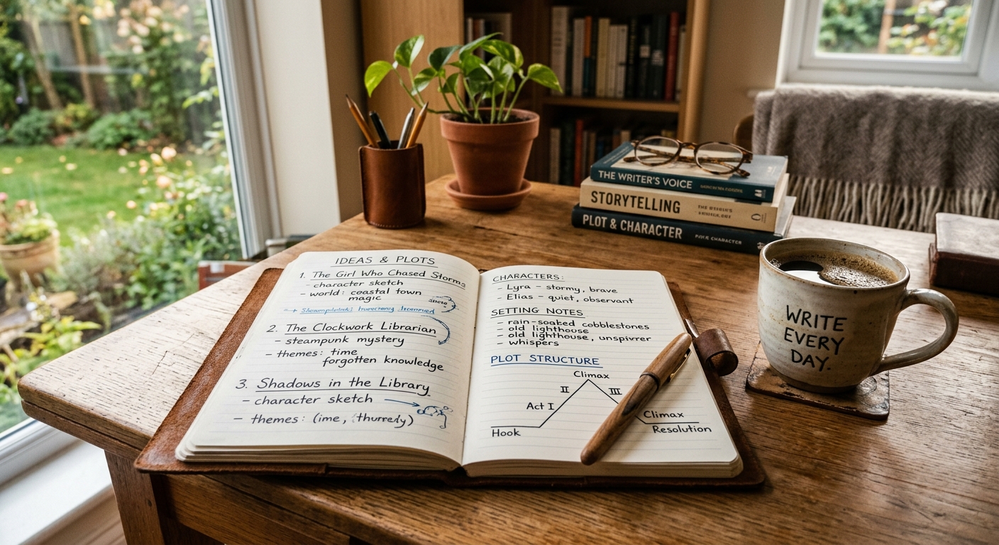 Caderno com ideias criativas de escrita em um ambiente de trabalho organizado