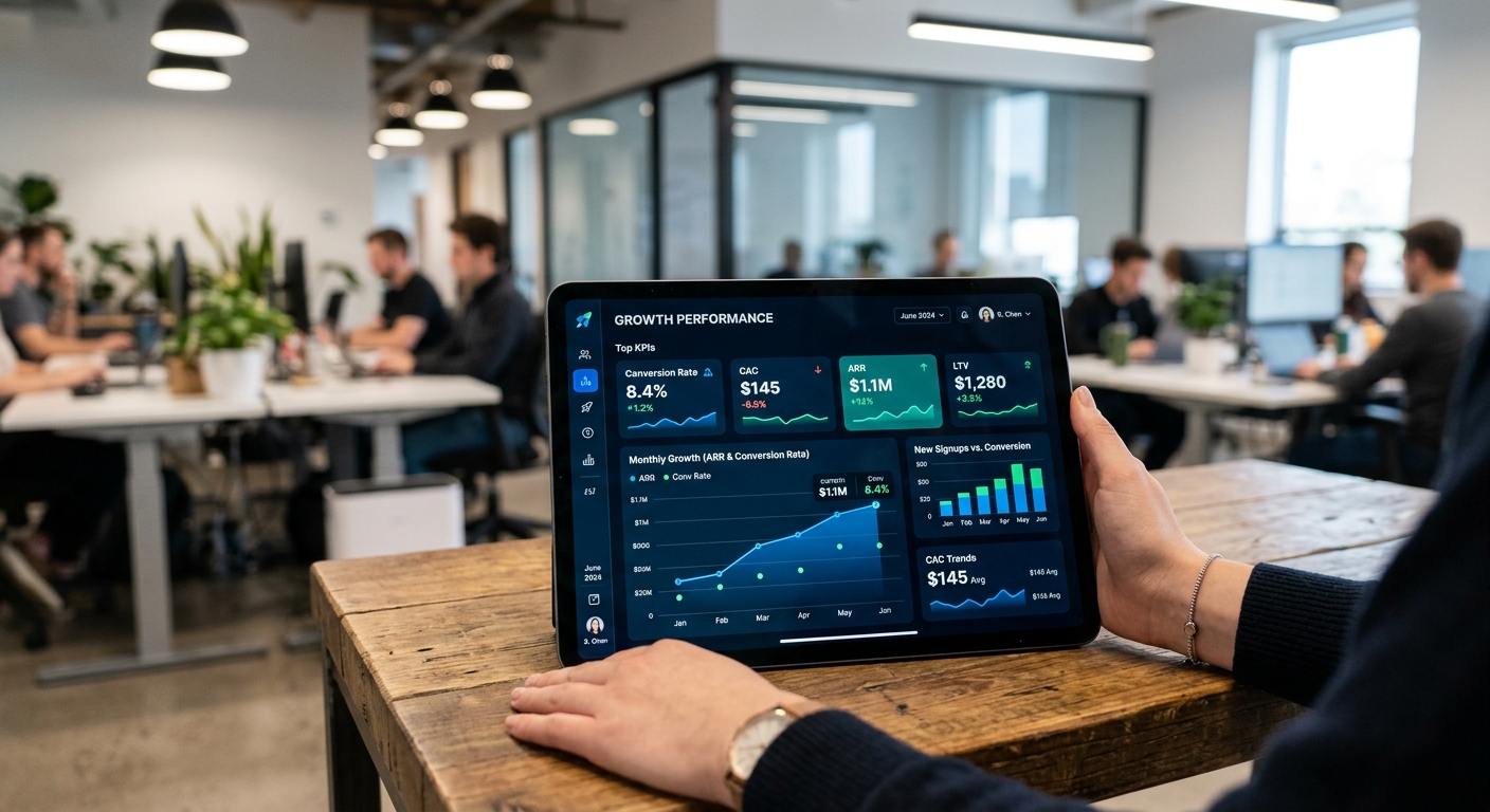 Dashboard moderno em um tablet exibindo gráficos de crescimento e métricas de marketing como CAC e taxa de conversão