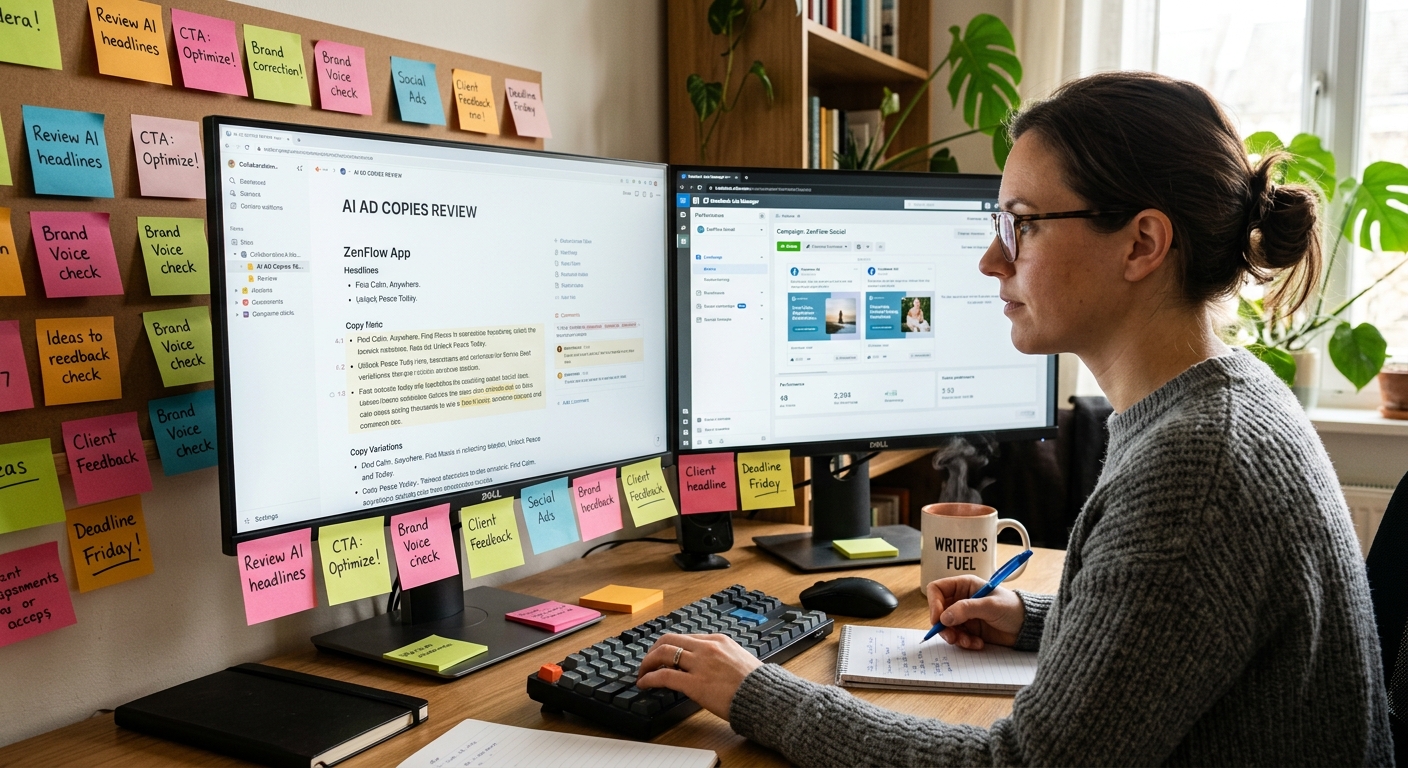 Redatora revisando textos publicitários gerados por IA em dois monitores no home office