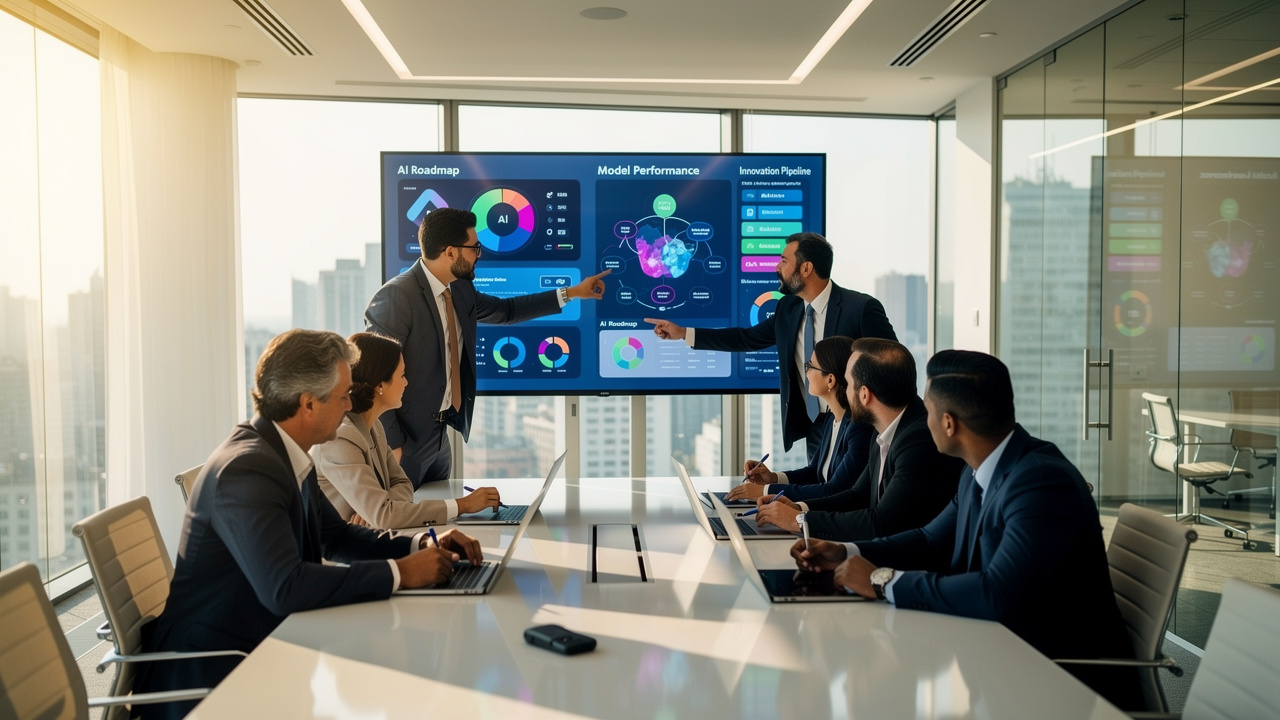 Equipe corporativa brasileira discutindo estratégia de inteligência artificial em escritório moderno