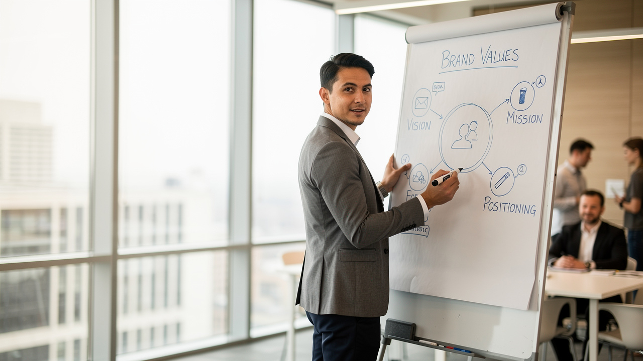 Estrategista de marca apresentando diagrama de valor de marca em quadro branco em escritório moderno