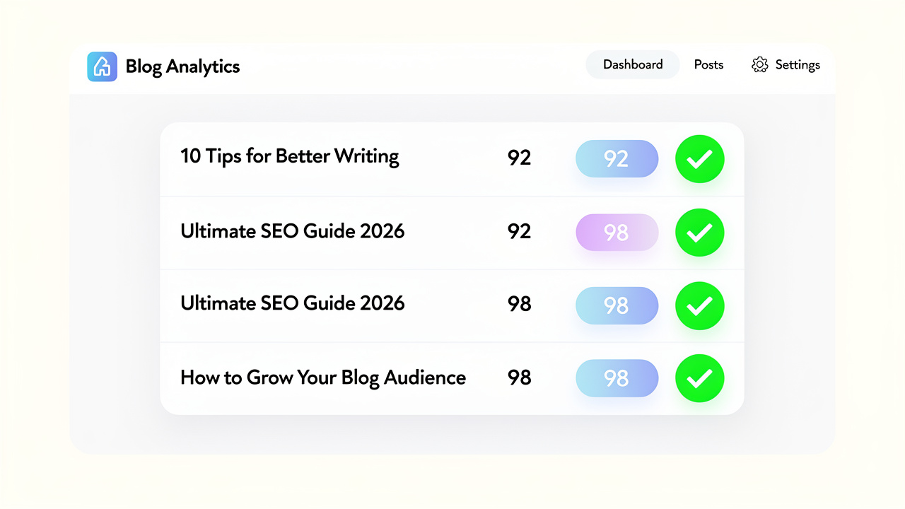 Painel de controle de uma plataforma de e-commerce exibindo posts de blog com indicadores de otimização SEO.