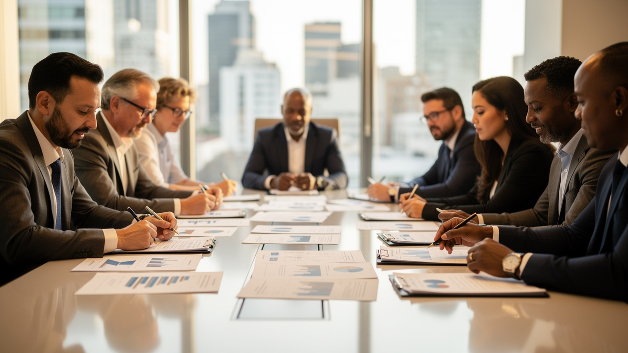 Executivos brasileiros em reunião de conselho analisando documentos de governança corporativa