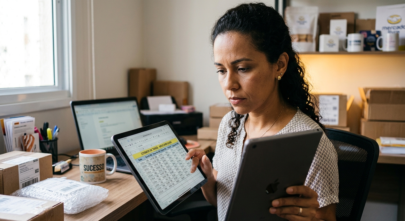 Lojista online revisando extratos de taxas de marketplace em tablet com atenção