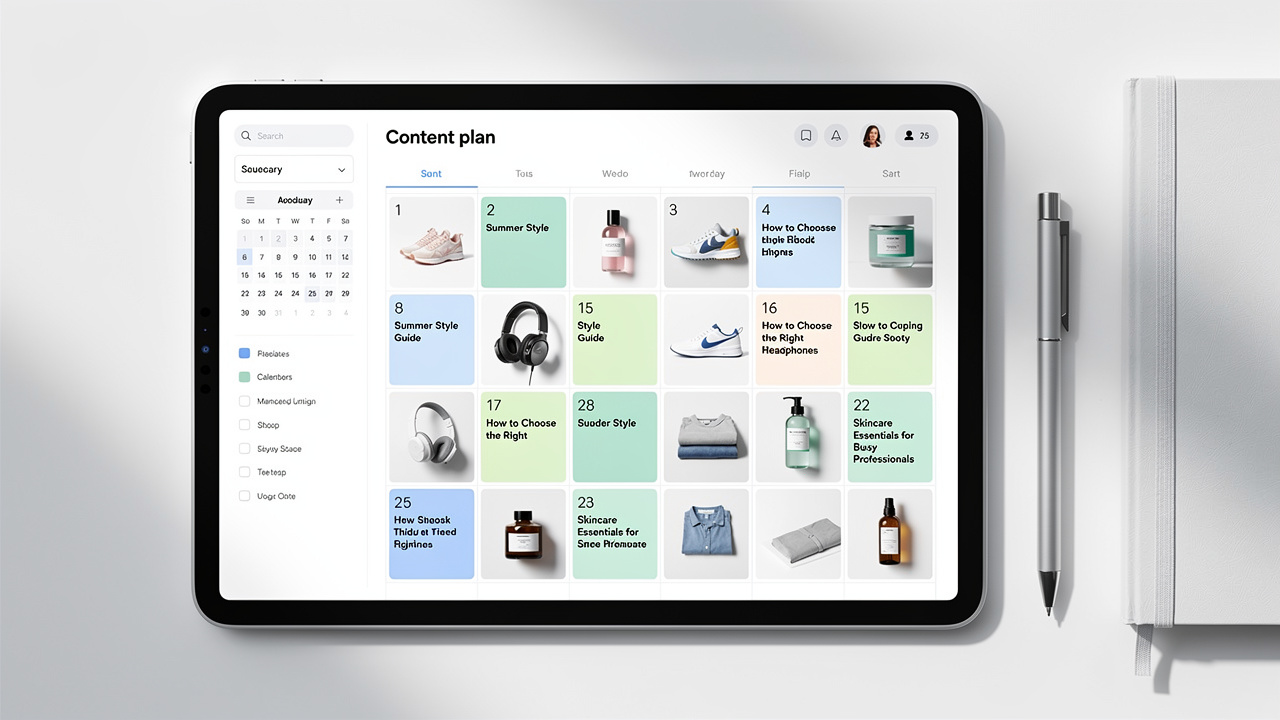 Tablet exibindo um calendário editorial digital para e-commerce com planejamento de conteúdo e produtos.
