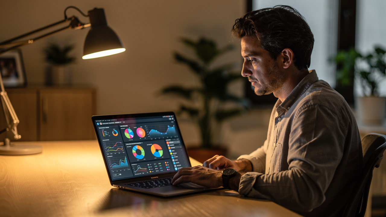 Empreendedor brasileiro analisando dados de e-commerce em laptop com expressão focada