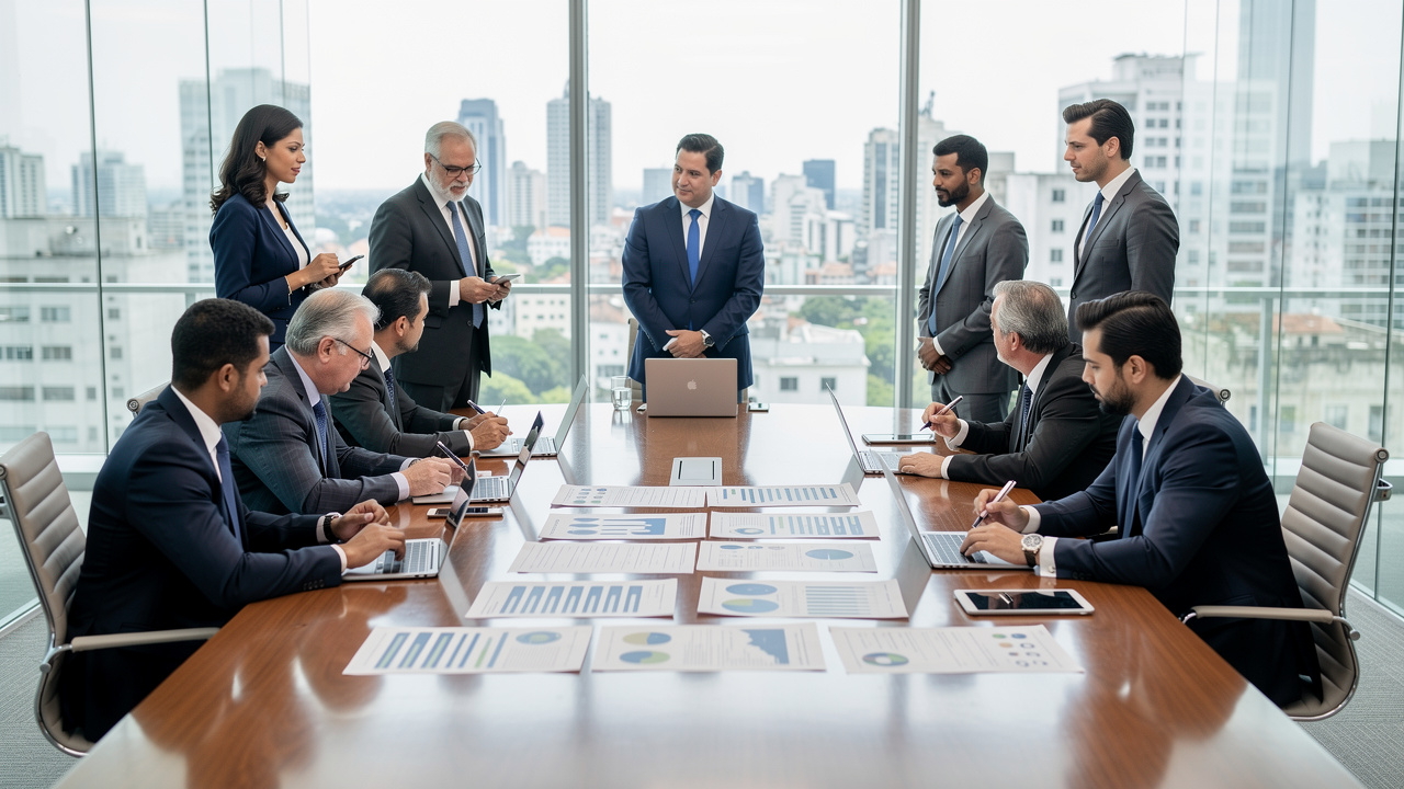 Executivos brasileiros em reunião de conselho revisando documentos de governança corporativa