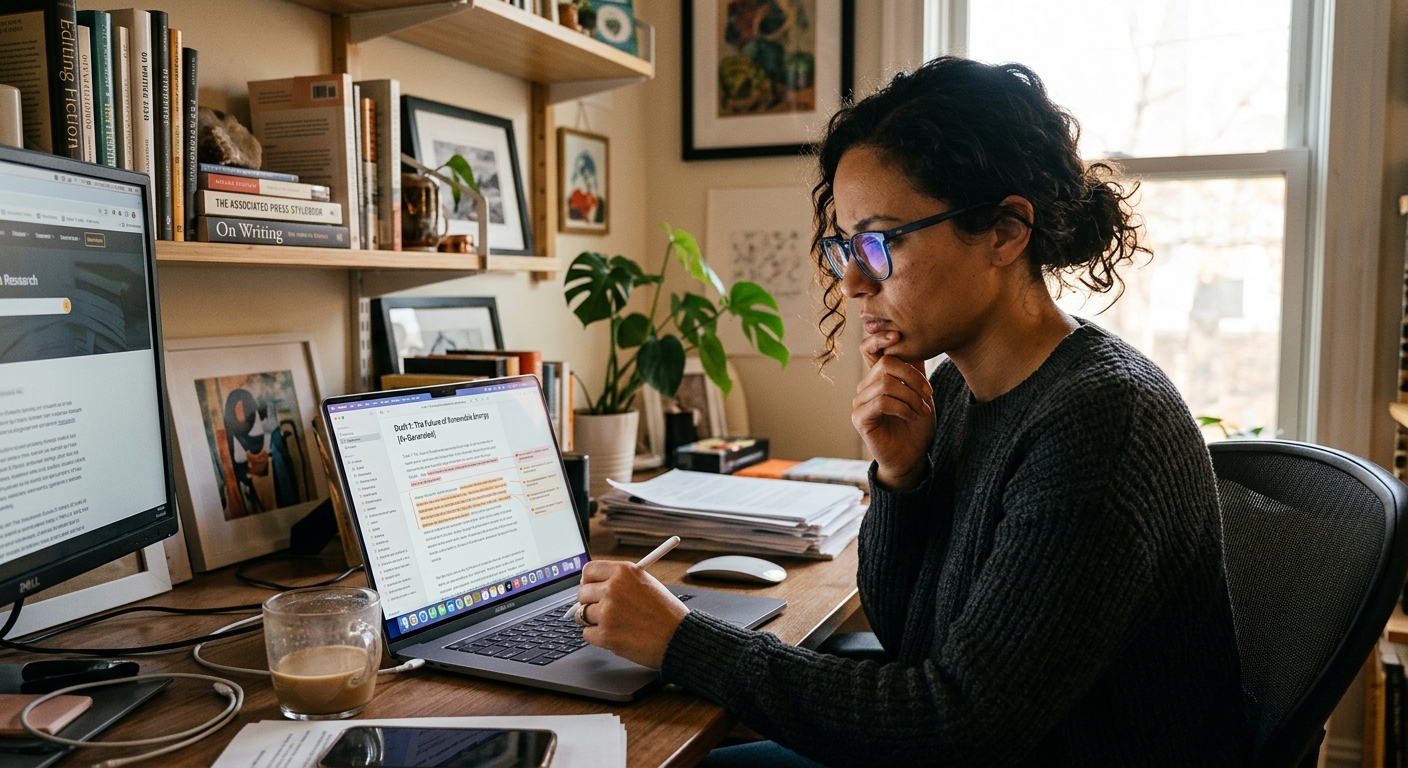 Editor revisando rascunho gerado por automação em laptop em home office
