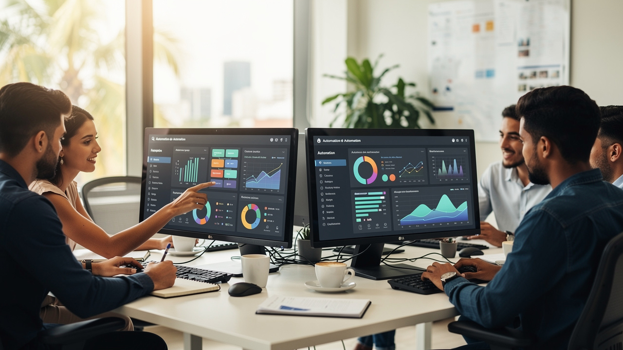 Pequena equipe de marketing brasileira trabalhando com ferramentas de automação e painéis de IA
