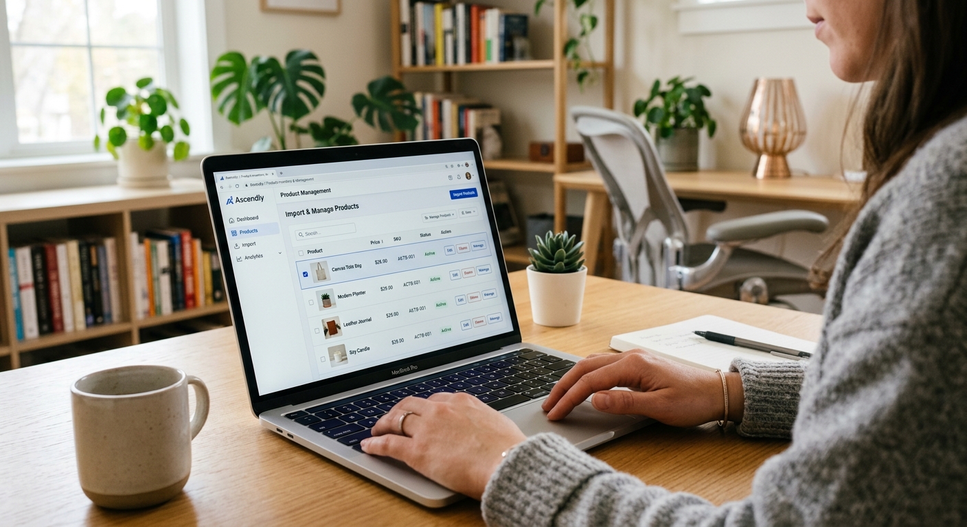 Pessoa usando um notebook com a interface de importação de produtos da plataforma Ascendly em destaque