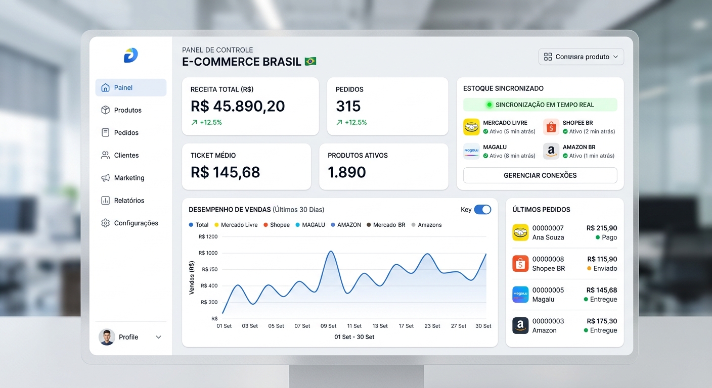 Dashboard integrado mostrando sincronização de estoque, preços e vendas de múltiplos marketplaces