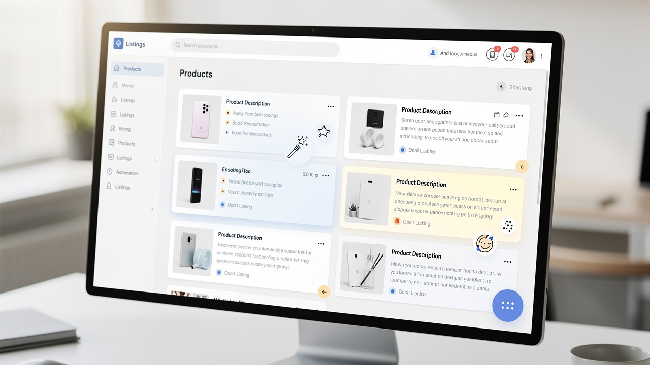 Dashboard moderno exibindo geração automática de descrições para múltiplos produtos em tela