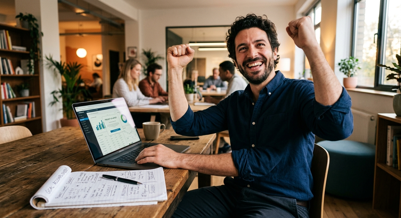 Homem celebrando sucesso ao trabalhar em seu projeto de forma independente