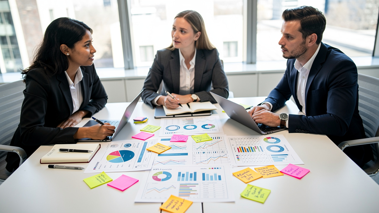 Equipe de três pessoas analisando relatórios de KPIs impressos em mesa de reunião