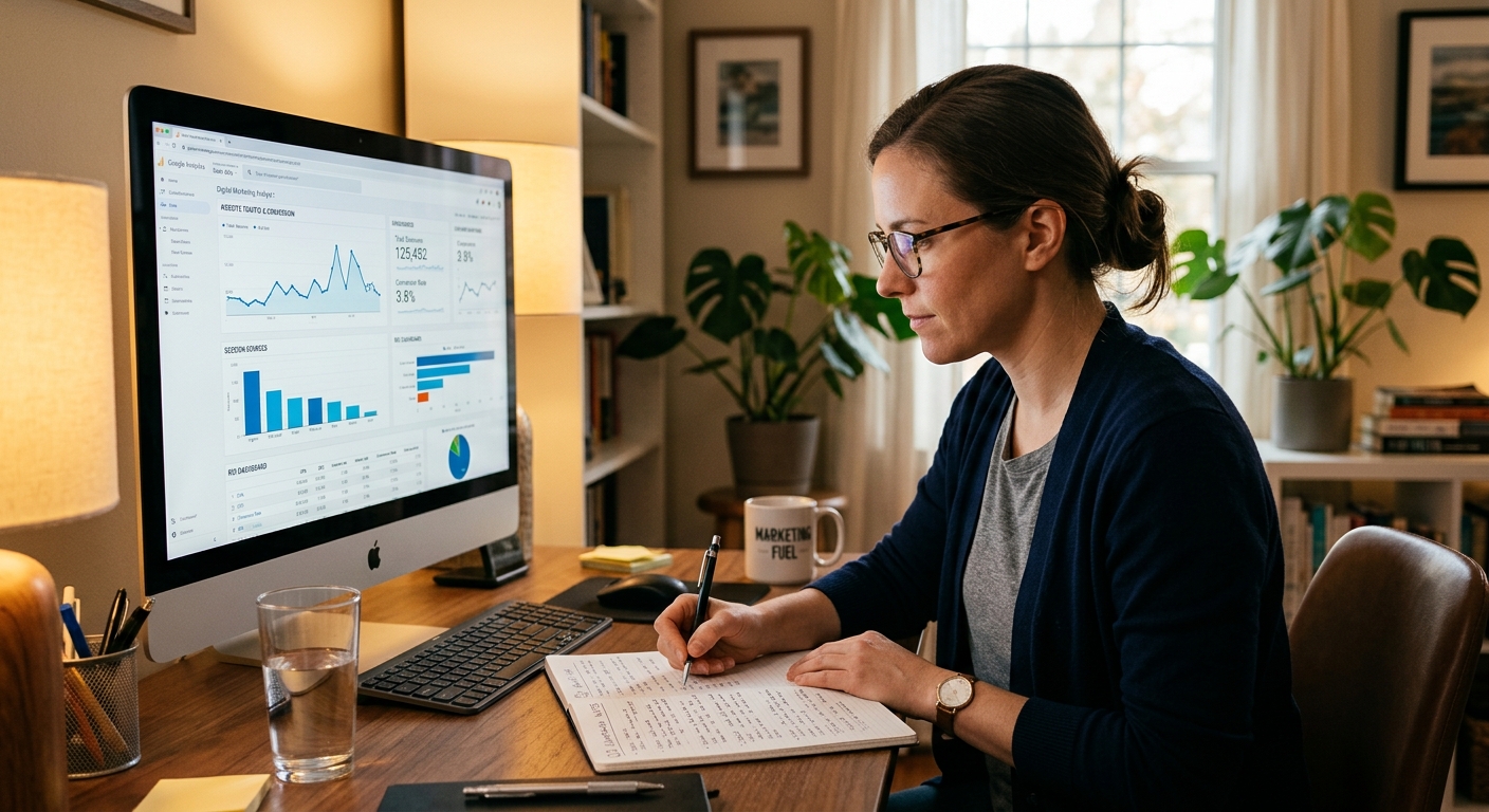 Analista de marketing escrevendo anotações ao lado de gráficos de desempenho no monitor